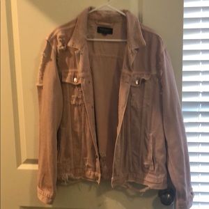 Mens distressed denim jacket in pink
